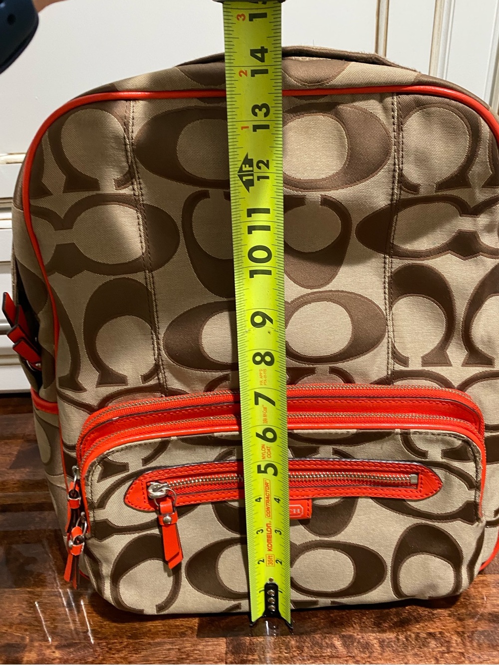 Coach Women Signature Canvas Backpack in Khaki with Orange Trim - Picture 15 of 16